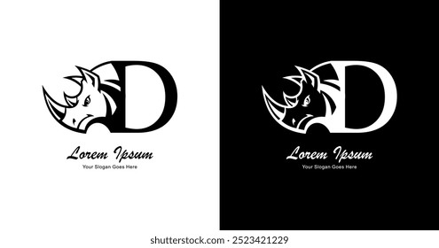 Logo design in the shape of a rhinoceros head combined with the letter D