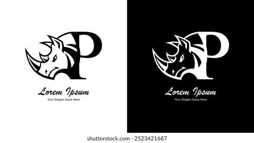 Logo design in the shape of a rhinoceros head combined with the letter P