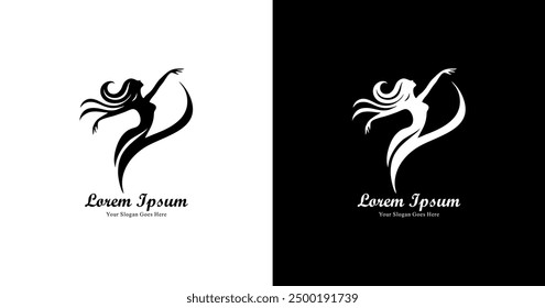 Logo design in the shape of a silhouette of a dancing woman in a long skirt