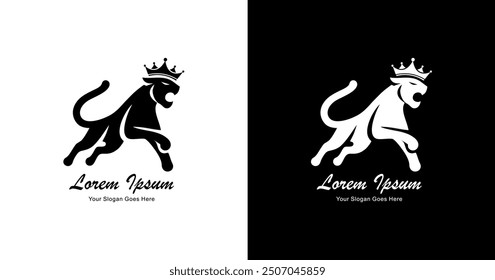 Logo design in the shape of a tiger running and wearing a crown