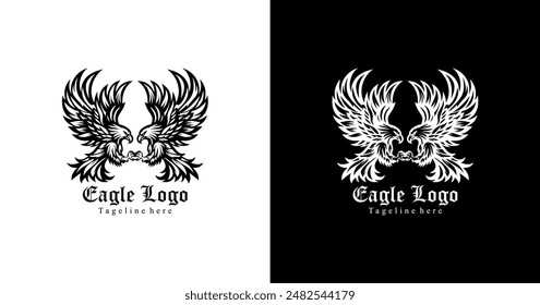 A logo design in the shape of two eagles fighting above the clouds