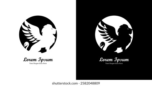 The logo design is in the shape of a winged lion combined with a circle and has a modern style