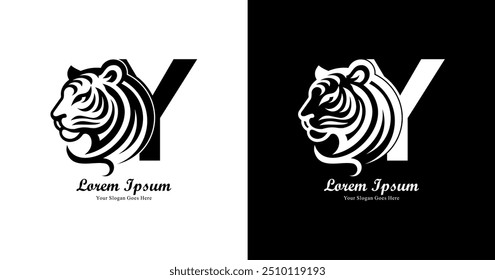 Diseño de logotipo en forma de Y combinado con cabeza de tigre