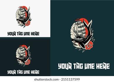 logo design of shark and ship vector illustration