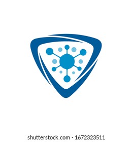 Logo design of shield with virus. Simple emblem badge style in blue color. Antivirus/protector logo template suitable for healthcare, medical, coronavirus protection, science and technology, etc