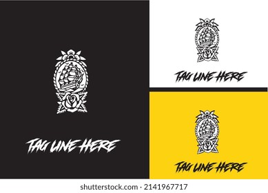 diseño de logotipo de vectores de buque y flor negro y blanco