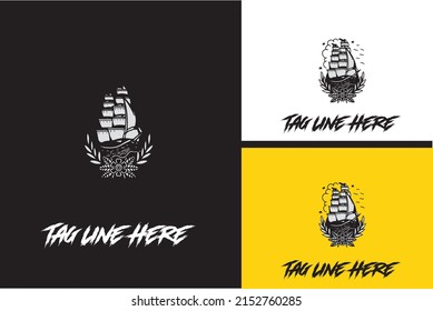 logo design of ship and flowers vector black and white