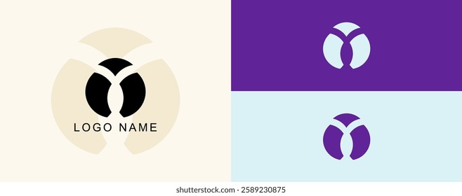 Logo design showcasing a modern and minimalist style with geometric shapes in purple and black on contrasting backgrounds