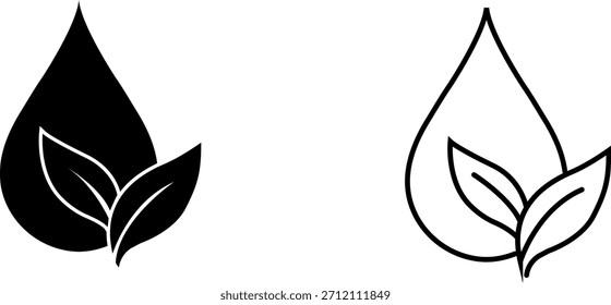 Logo-Design, das eine Tropfenform mit Blättern zeigt, die die Natur und den Naturschutz in einem einfachen Schwarz-Weiß-Stil darstellen