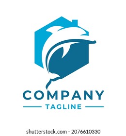 logo design silhouette of a dolphin jumping with a hexagonal shape resembling a house