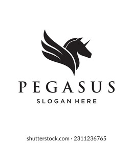 Logo design of a simple Pegasus or winged horse with a creative idea.