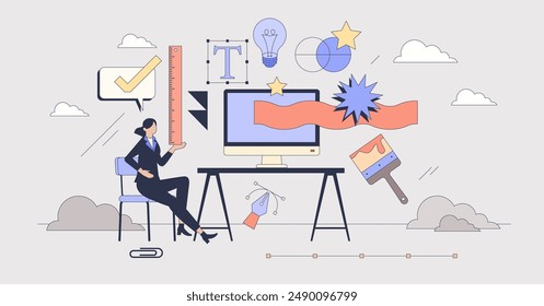 Logo design and sketch creation tiny person neubrutalism concept. Business visual communication drawing using digital tools vector illustration. Designer work for new company identity and logotype.
