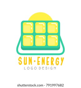 Logo design with solar battery for producing eco sun energy. Green and yellow alternative source of power. Flat vector isolated on white.
