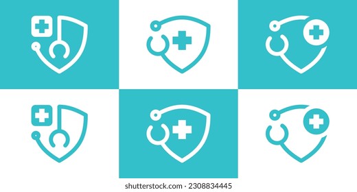 diseño de logotipo estetoscopio y icono de escudo ilustración de vector minimalista médico