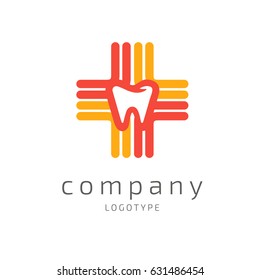 Logo design stomatology vector template. Illustration for business dental clinic flat symbol. Tooth and cross web icon
