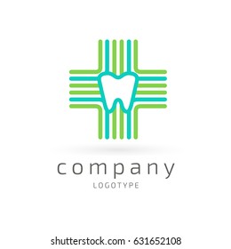 Logo design stomatology vector template. Illustration design of logotype business dental clinic flat symbol. Tooth and cross web icon