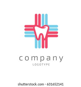 Logo design stomatology vector template. Illustration design of logotype business dental clinic flat symbol. Tooth and cross web icon
