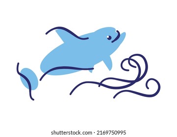 Logo design with stylized dolphin and waves. Dolphin stylized with geometric shapes and lines. Illustration on a marine theme in a flat and contour style.
