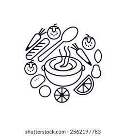 logo design with stylized fork and spoon crossing over a steaming bowl of soup, with playful food elements like vegetables, bread, and fruits