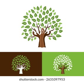  logo design of stylized tree with a brown trunk shaped like hands, themes of growth, nature, and support.