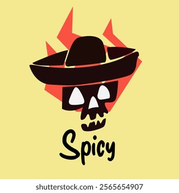 Logo design suitable for spicy food or others with a skull image and fire background behind it with a flat design