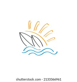 Logo design with summer icons. Sun, sea and surfboard icon.