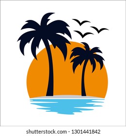 logo design sun beach ocean palm tree - Vector