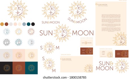 Logo design Sun & Moon with stationery elements - memorandum, business card, envelope.