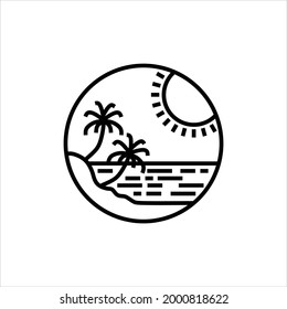 diseño de logotipo y puesta de sol en la isla de la playa tropical. diseño moderno de líneas de islas tropicales.