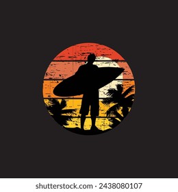 Logo design with a surfer and a beach with sunset background and rising sun.