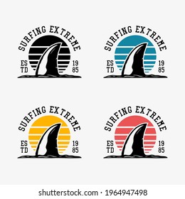 logo design surfing extreme est 1985 with shark fins vintage illustration