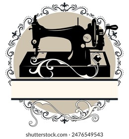 Diseño de logotipo para una sastrería con máquina de coser estilo Antiguas, patrón circular.