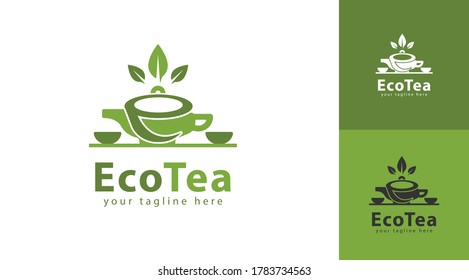 El diseño del logo de la tetera y el vaso de agua se combina con hojas verdes. También hay varios conceptos de color. vector