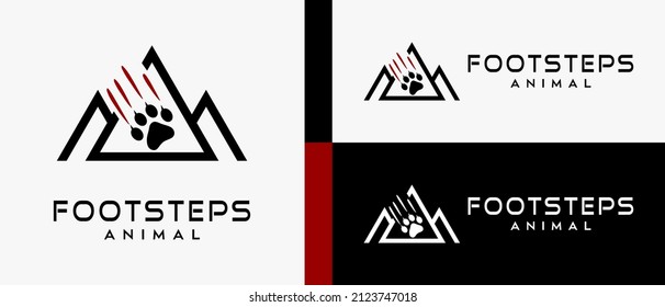 Logo design template for animal footprints, footprints of a lion, tiger or cat and mountain icon with a creative and simple concept. premium vector logo illustration