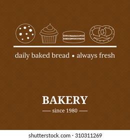 Logo design template for bakery shop. Outline icons on brown textured background.