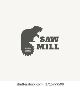 Logo design template with beaver and saw blade for sawmill, wood shop, carpentry, lumberjack service, woodworkers, wood working industry. Vector illustration.