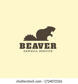 Logo design template with beaver and saw blade for sawmill, lumberjack service, wood shop, carpentry, woodsman, woodworkers, wood working industry. Vector illustration.