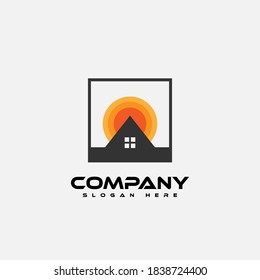 Logo design template, with a black sunset logo home icon