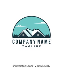 Logo design template for cabin house rental with mountain. home cabin logo construction. house mountain logo template Vector illustration