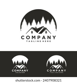 Plantilla de diseño de logotipo para alquiler de cabinas con montaña forestal. construcción del logotipo de la cabina de la casa. plantilla de logotipo de montaña de casa Ilustración de vectores