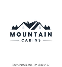 Plantilla de diseño de logotipo para alquiler de cabinas con montaña. construcción del logotipo de la cabina de la casa. plantilla de logotipo de montaña de casa Ilustración de vectores