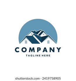 Logo-Design-Vorlage für die Vermietung von Kabinen mit Berg. Bau eines Kabinenlogos für Wohnungen. Hausberg-Logo-Vorlage Vektorgrafik
