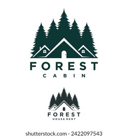 Logo design template for cabin house rental with forest mountain. home cabin logo construction. house mountain logo template Vector illustration