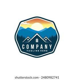 Logo design template for cabin house rental with mountain. home cabin logo construction. house mountain logo template Vector illustration