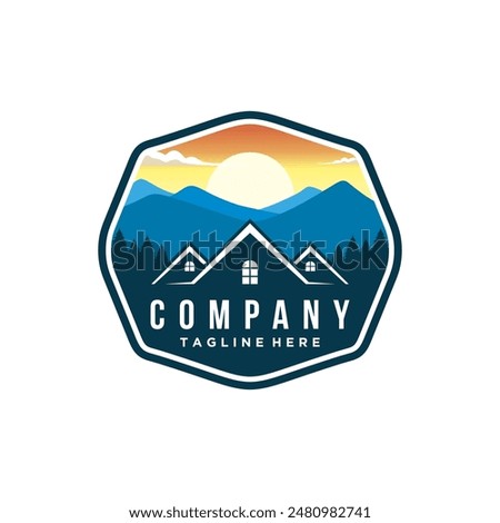 Logo design template for cabin house rental with mountain. home cabin logo construction. house mountain logo template Vector illustration
