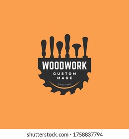 Logo Design Template With Chisels And A Saw Blade For Wood Shop, Carpentry, Woodworkers, Wood Working Industry, Tool Shop. Vector Illustration.