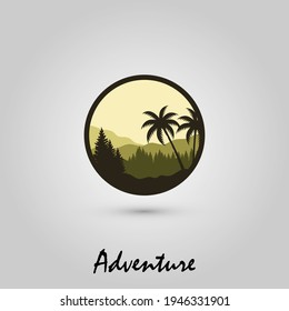 Logo design template, with a circle shaped tree and mountain landscape illustration icon