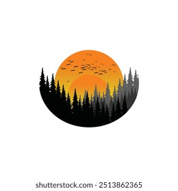 Logo design template, with a circle shaped tree and moon landscape illustration icon