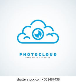 Logo design template for cloud service with cloud and camera lens. Vector illustration.