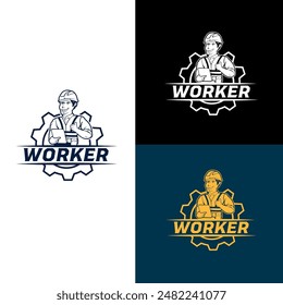 logo design template of construction worker holding a clipboard and giving a thumbs up in front of a gear.